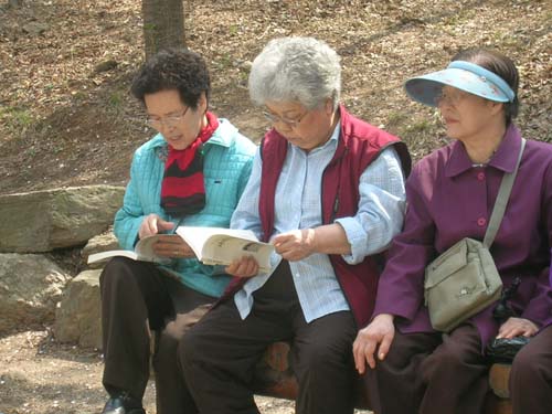 책을 받자 마자 독서삼매경인 할머니들 